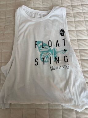 Society White Crop Tank Top with Aqua Butterfly Graphic